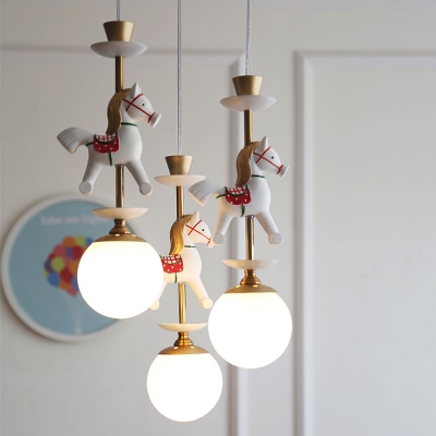 Opal Glass Global Shade Suspension Light with Cartoon Horse/King Kids 1/3 Lights Pendant Lamp in Brass