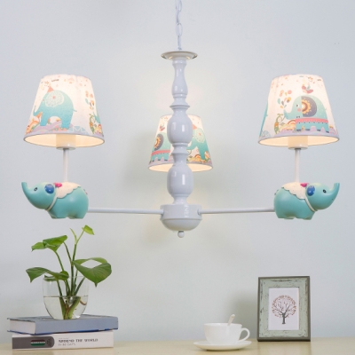 White Finish Shaded Chandelier with Elephant Metal 3/5 Bulbs Suspended Lamp for Nursing Room
