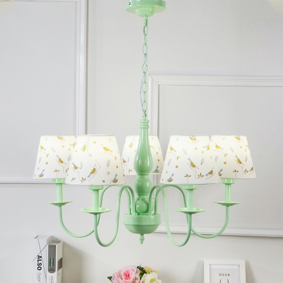 5 Lights Shaded Chandelier Light Boys Girls Bedroom Fabric Suspended Lamp in Sky Blue/Green