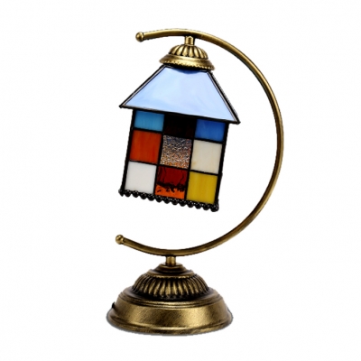 Lodge Style Tiffany Stained Glass Square Table Lamp in House Shape with Arc Arm