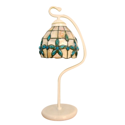 Tiffany Style Blue Beads Flower Pattern Shell Table Lamp with Cured Arm and White Stone Base