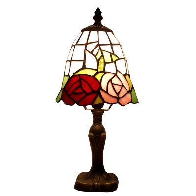 Tiffany Style Mini Table Lamp Featuring Flower Patterned Glass Shade with Bronze Base