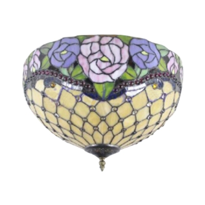 16-Inch Wide Tiffany Flush Mount Ceiling Fixture Up Lighting with Rose Pattern Glass Shade