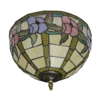 Floral Theme 2-Light Flush Mount Ceiling Fixture Up Lighting in Tiffany Style, 12 Inch Wide, Multicolored