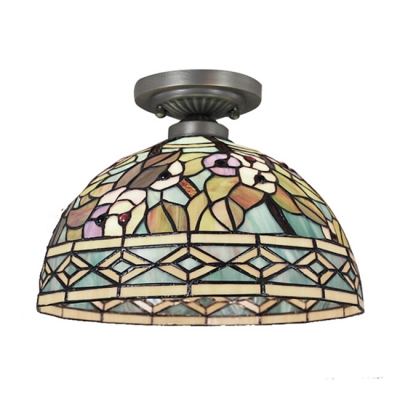 Floral Theme Tiffany Style Dome Shaped Semi Flush Mount Ceiling Fixture with Colorful Glass Shade, 2 Lights