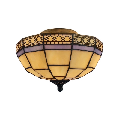 Inverted Tiffany-Style Flushmount Light with Flower/Diamond Pattern Glass Shade, Antique Brass Finish