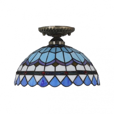 Baroque Flush Mount Ceiling Light in Tiffany Style with Blue Glass Shade 3 Sizes for Option