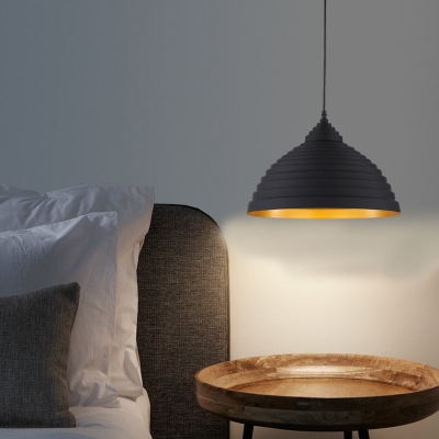 Ribbed Design Matte Black Dome Shade Single Light Hanging Lamp with Gold Inner Finish 15.75