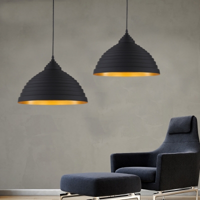 Ribbed Design Matte Black Dome Shade Single Light Hanging Lamp with Gold Inner Finish 15.75