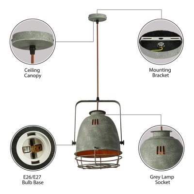 Industrial Pendant Light in Cage Style with Metal Shade in Grey