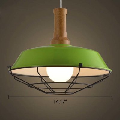 Modern Industrial Cage LED Green Pendant Light in Wood Finish