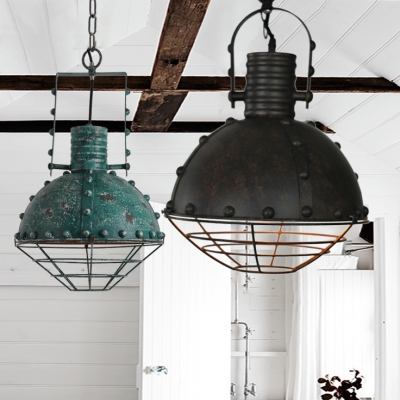 Vintage Style Green/Black Finish Single Hanging Light with Wire Caged Dome Shade and Rivet Design