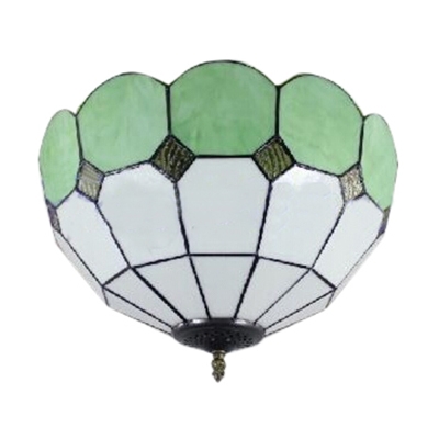 Simple Up Lighting Tiffany Flushmount Light with Stained Glass Lotus Shade in Green/Blue
