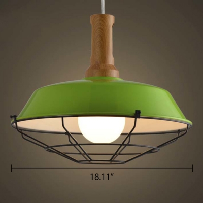 Modern Industrial Cage LED Green Pendant Light in Wood Finish