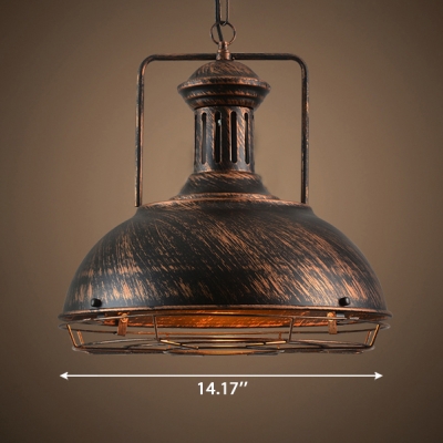 Retro Style Dark Rust Finish Dome Shade Pendant Light, Wire Caged, 2 Sizes for Option