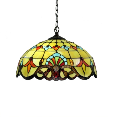 Tiffany Style Baroque 2 Light Hanging Pendant with Dome Glass Shade in Blue/Yellow, 16