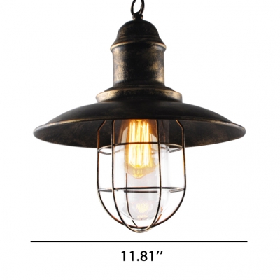 Vintage Industrial Style Dark Rust Finish Wire Caged Pendant Light with Clear Glass Inner Shade