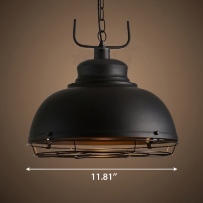 12/16 Inch Wide Wire Guard Single Head Hanging Lamp with Satin Black Dome Shade for Warehouse Restaurant