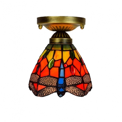 Colorful Dragonfly Tiffany Down Lighting Semi-Flush Ceiling Fixture with 6