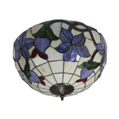 16-Inch Wide Flush Mount Ceiling Light with Flower Pattern Tiffany Art Glass Lampshade