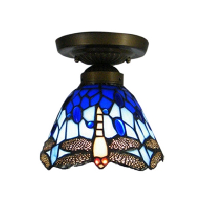 Colorful Dragonfly Tiffany Down Lighting Semi-Flush Ceiling Fixture with 6