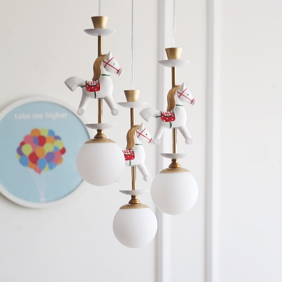 Opal Glass Global Shade Suspension Light with Cartoon Horse/King Kids 1/3 Lights Pendant Lamp in Brass