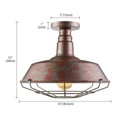 Old Rust Wire Guard Single Light 14'' Wide Industrial LED Semi Flush Light