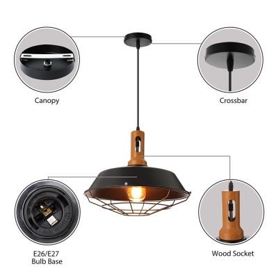 Matte Black Industrial Style LED Hanging Pendant with Cage and Wood Accent