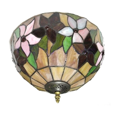 Floral Theme 2-Light Flush Mount Ceiling Fixture Up Lighting in Tiffany Style, 12 Inch Wide, Multicolored