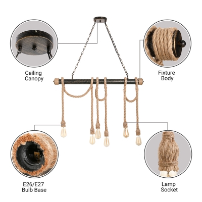 6 Light Industrial Rope Multi Light Pendant in Dark Bronze for Restaurant Kitchen Island