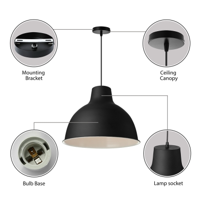 Simple Style One Light Black Dome Shade Pendant Lighting with White Inner Finish for Restaurant