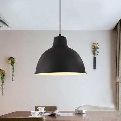 Simple Style One Light Black Dome Shade Pendant Lighting with White Inner Finish for Restaurant