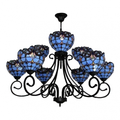 Blue/Orange Stained Glass Victorian Style Chandelier with Wrought Iron Black Frame for Hotel Lobby