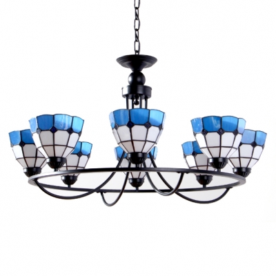 Blue Stained Glass 6/8-Light Mediterranean Inverted Chandelier in Black Finish