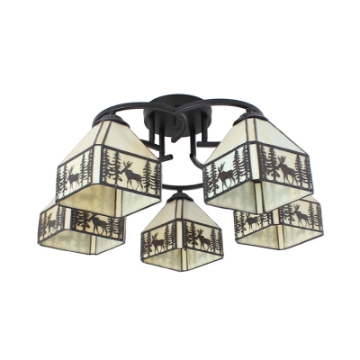 Lodge Style 3/5-Bulb Elk Pattern Chandelier Ceiling Light with Stained Glass Square Shades