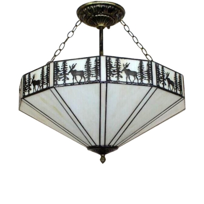 2/5-Light Semi-Flush Ceiling Light Loft Lamp with Deer Pattern, Tiffany Art Glass, Aged Brass