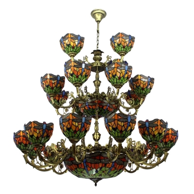 3-Tier Large Size Tiffany Stained Glass Dragonfly Chandelier with 2 Center Bowls