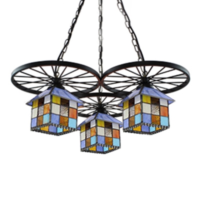 Colorful House Shade 3-Light Pendant Lamp with Black Wheel Decorations 22.82