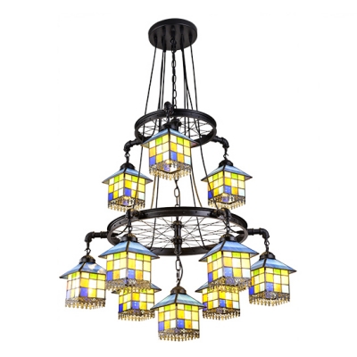 Large Size 6/10-Light Multicolored House Shade Pendant Lamp with Wheel Decor in Lodge Style