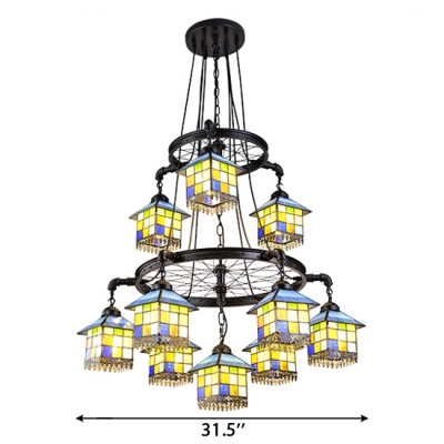 Large Size 6/10-Light Multicolored House Shade Pendant Lamp with Wheel Decor in Lodge Style