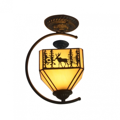 Lodge Style Deer Pattern Square Semi Flush Mount with Wrought Iron Arm, Up Lighting