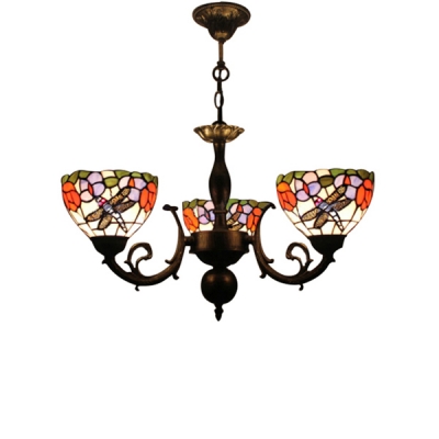 Three Light Dragonfly Mix Flowers Chandelier with Multicolored Glass Shade