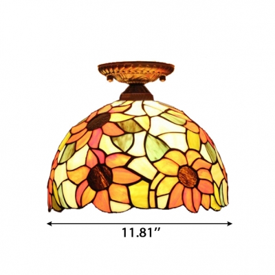12-Inch Wide Tiffany Dome Shaped Flush Mount Ceiling Fixture with Sunflower Glass Shade, 2 Light