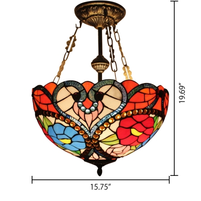 Baroque Tiffany Style 2/3-Light Semi-Flush Mount Ceiling Fixture with Colorful Flower Embellished 2 Sizes Available