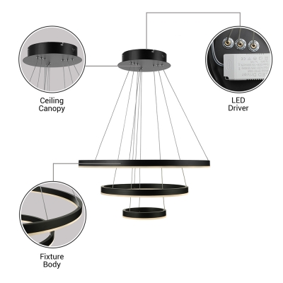 Black Circular Chandelier Lighting Multi Tiered 1 Light/2 Light/3 Light Slim LED Cylinder Pendant Light in Acrylic Shade for Entryway Hallway Foyer