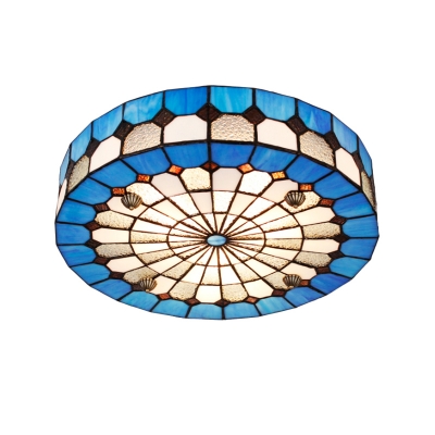 Circular Grid Blue Stained Glass Tiffany Flush Mount Ceiling Light in Mediterranean Style 2 Sizes Available