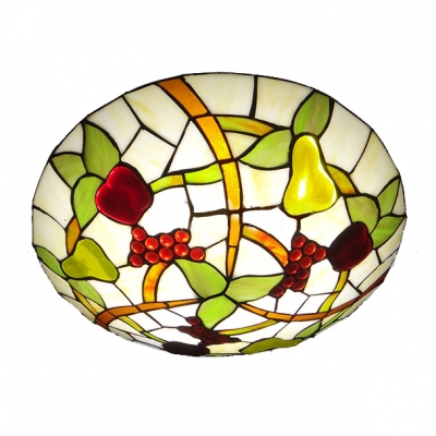 Country Style 12/16 Inch Wide Tiffany Flush Mount Ceiling Light with Grape Fruit Pattern