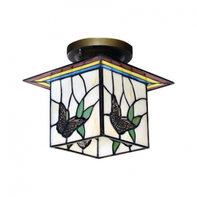 Creative Tiffany Stained Glass Semi Flush Mount with Butterfly Cube Shade 7.09