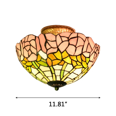 Floral Theme Bowl Shade Tiffany Semi-Flush Mount Ceiling Light 11.81