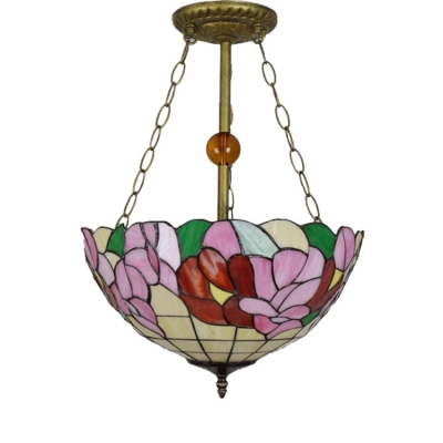 Floral Theme Tiffany Inverted Pendant Light Fixture with Bowl Shade, 15.75